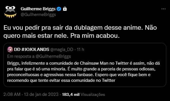 Guilherme Briggs pede para deixar dublagem de Chainsaw Man após